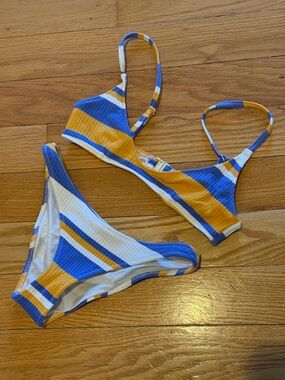 triangl swimwear Blue, Yellow & White Striped Ribbed Bikini